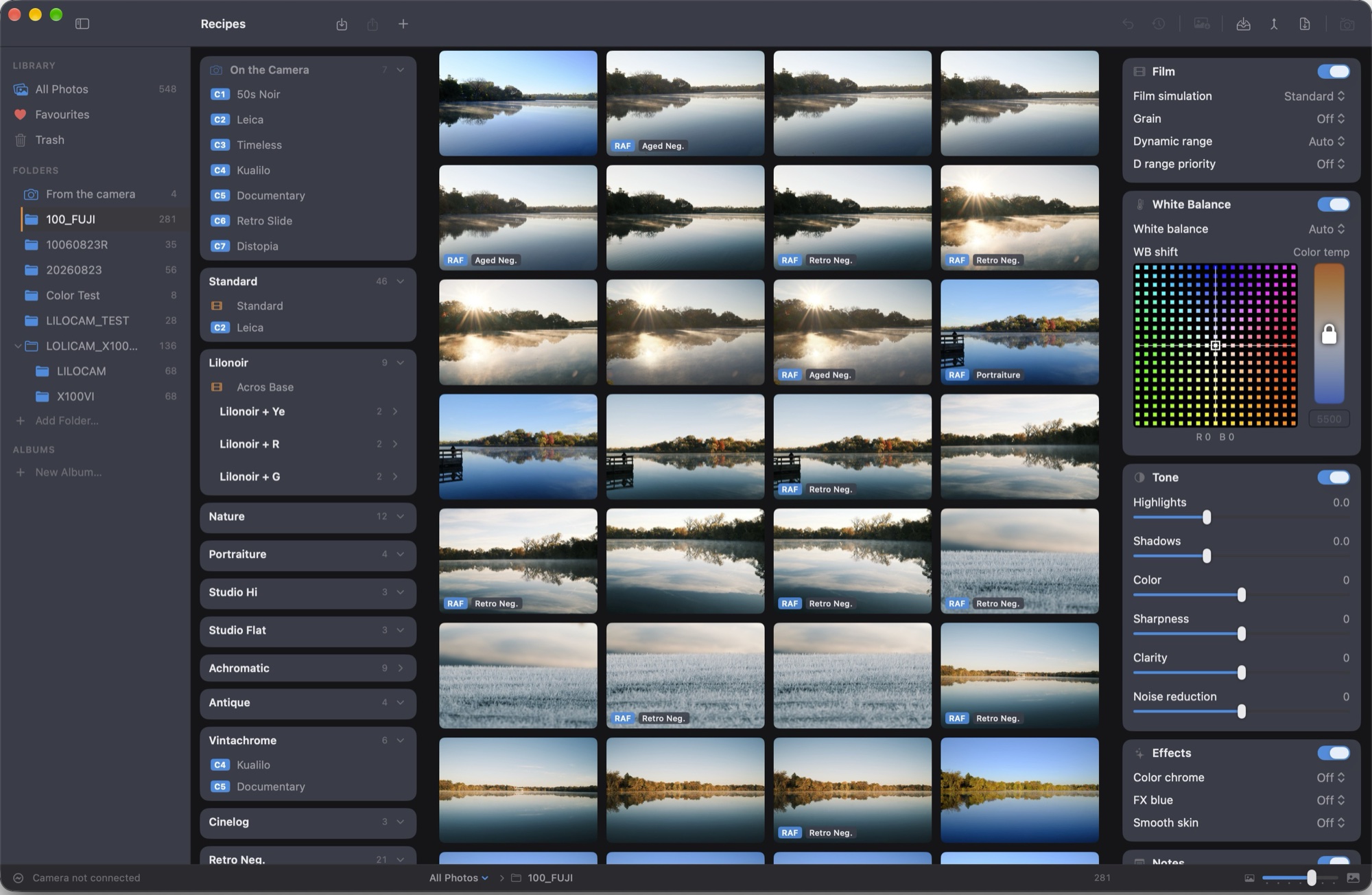 lilocam studio, the custom recipe editor, with a library of RAF files under a set of recipes