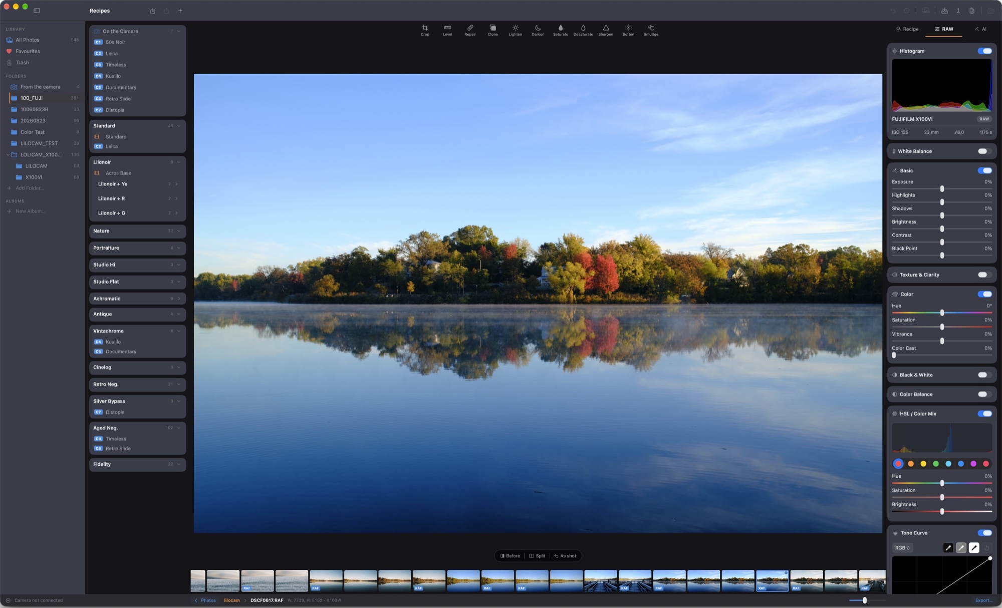 The desktop photo editor, with an X100VI RAF open in the darkroom
